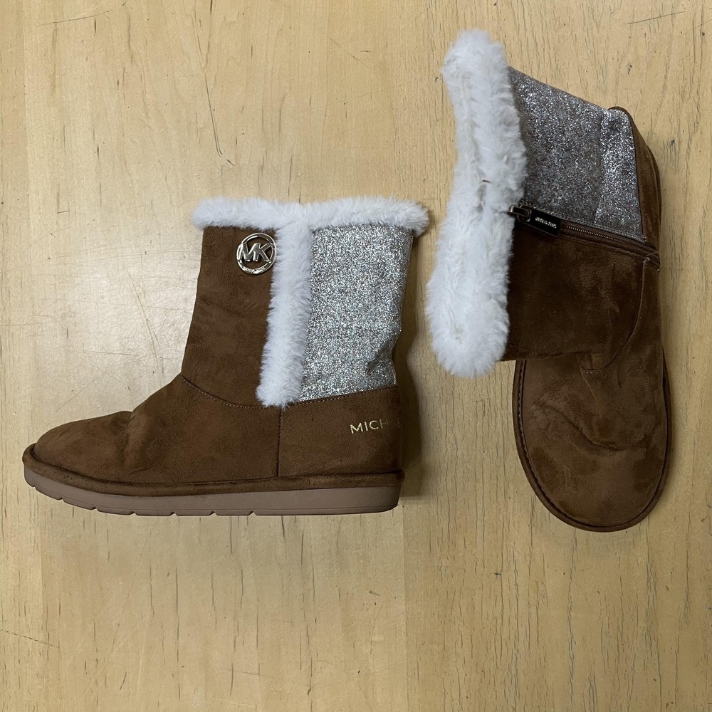 Michael Kors Boots Girls Size 4 Brown Silver Glitter Faux Fur Shearling Winter